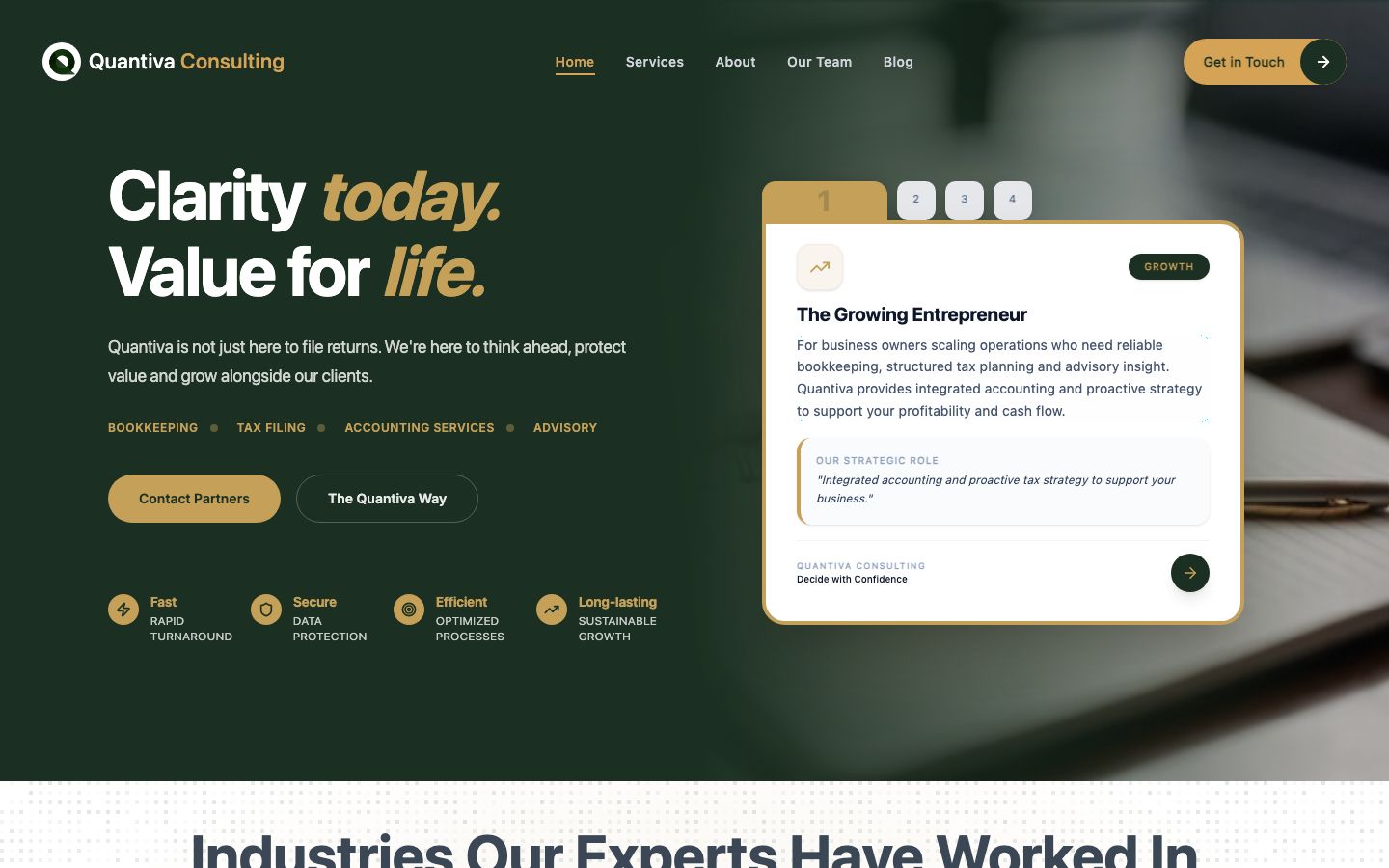 Quantiva Consulting home page: dark green hero with the headline 'Clarity today. Value for life.', gold accents, and a card describing services for growing entrepreneurs.