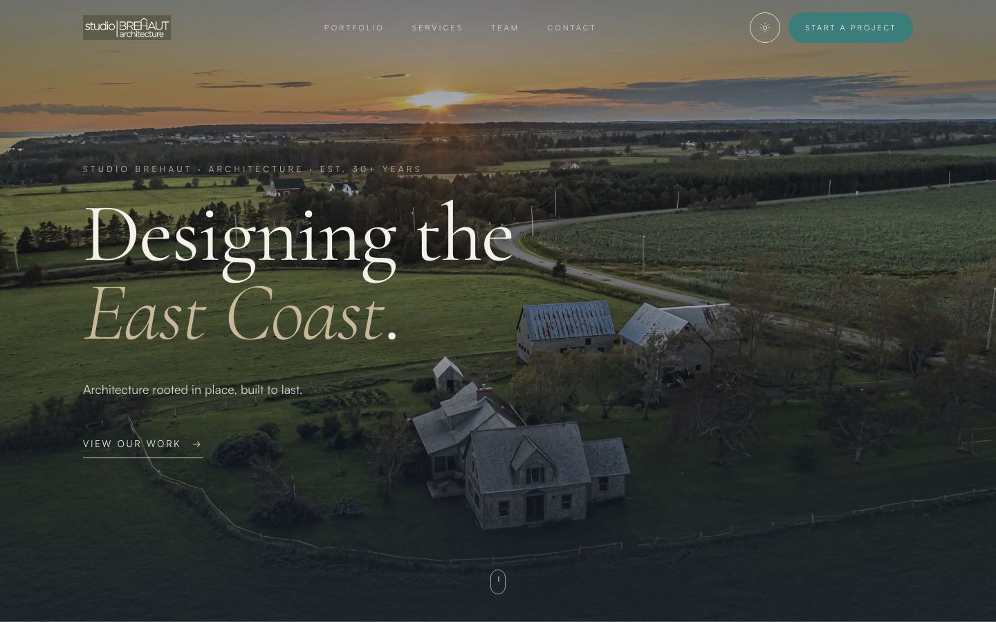 Studio Brehaut home page: aerial photo of farmhouses and fields on Prince Edward Island at sunset, with the headline 'Designing the East Coast.'