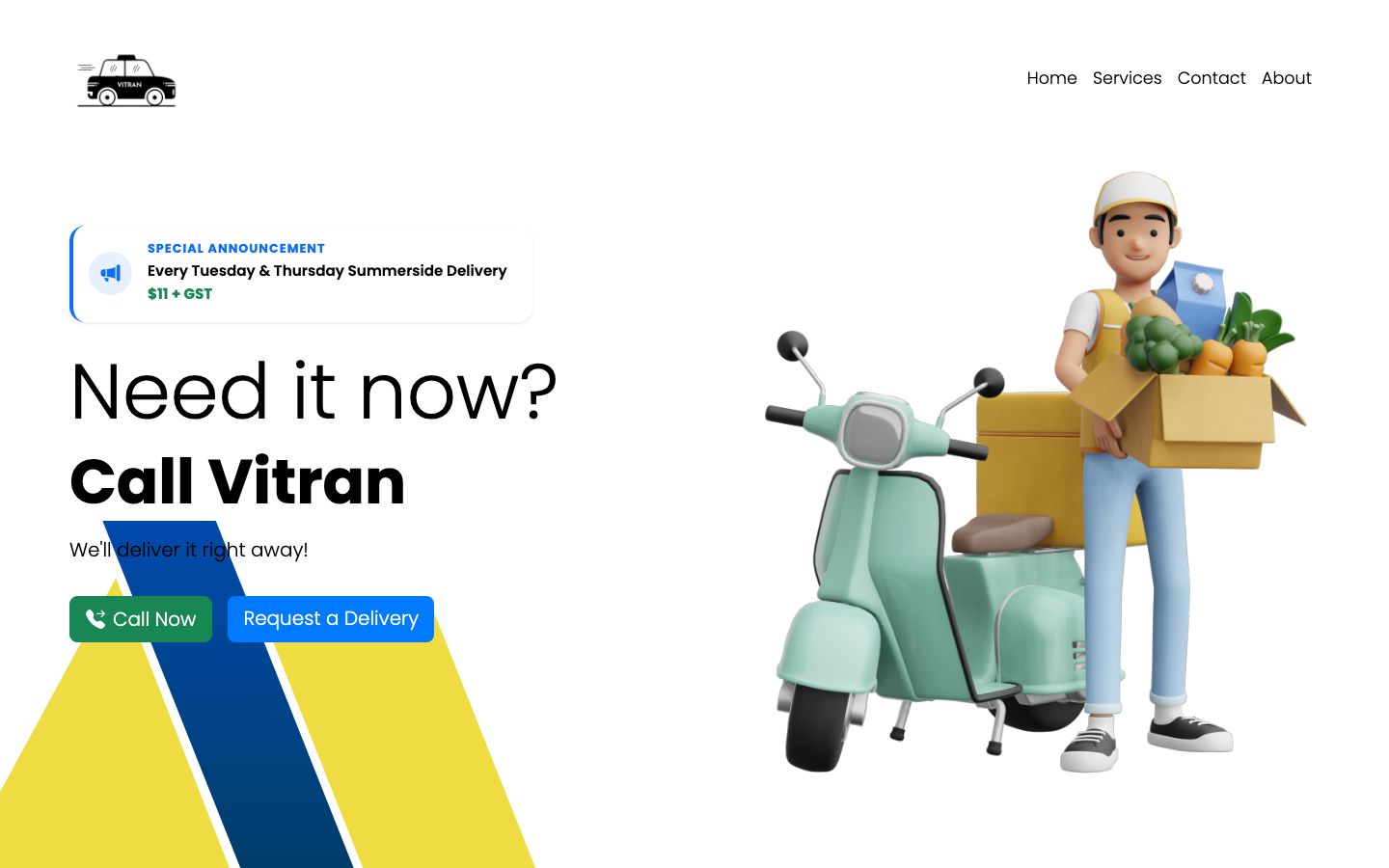 Vitran home page: the headline 'Need it now? Call Vitran' with Call Now and Request a Delivery buttons, beside an illustrated courier holding a box of groceries next to a scooter.